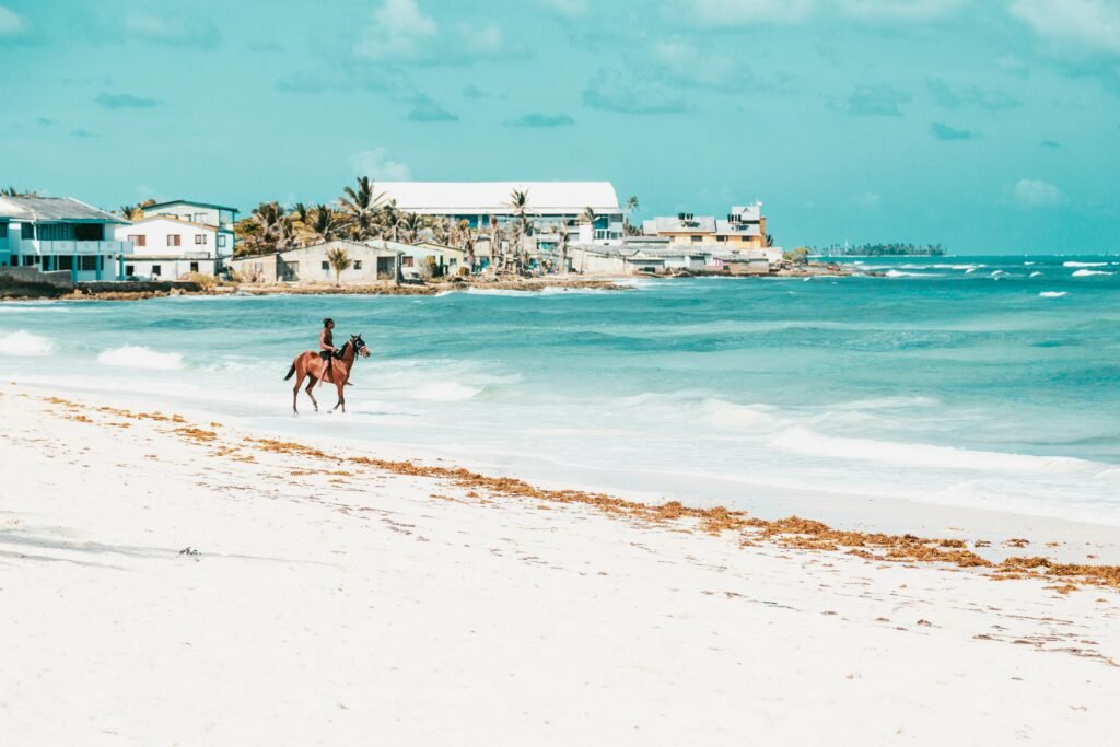 Relaxing horseback ride along the serene beaches of San Andrés, Colombia.